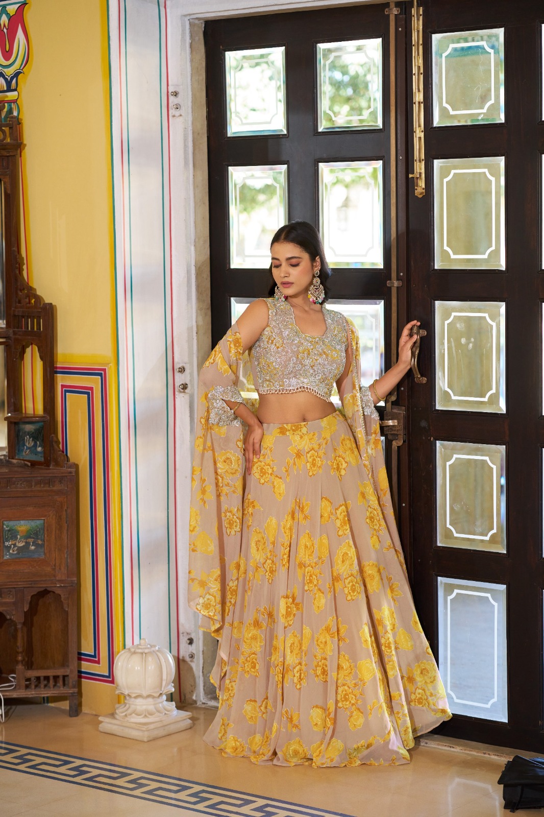 Gorgeous Lahenga Choli with Cape stye dupatta & matching Clutch