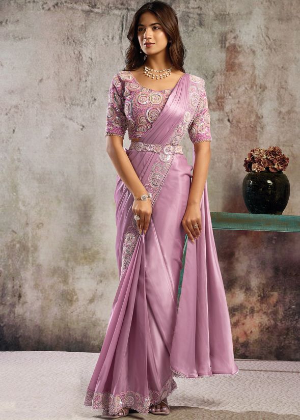 PINK SATIN PRE-STITCHED SAREE WITH BEADS WORK