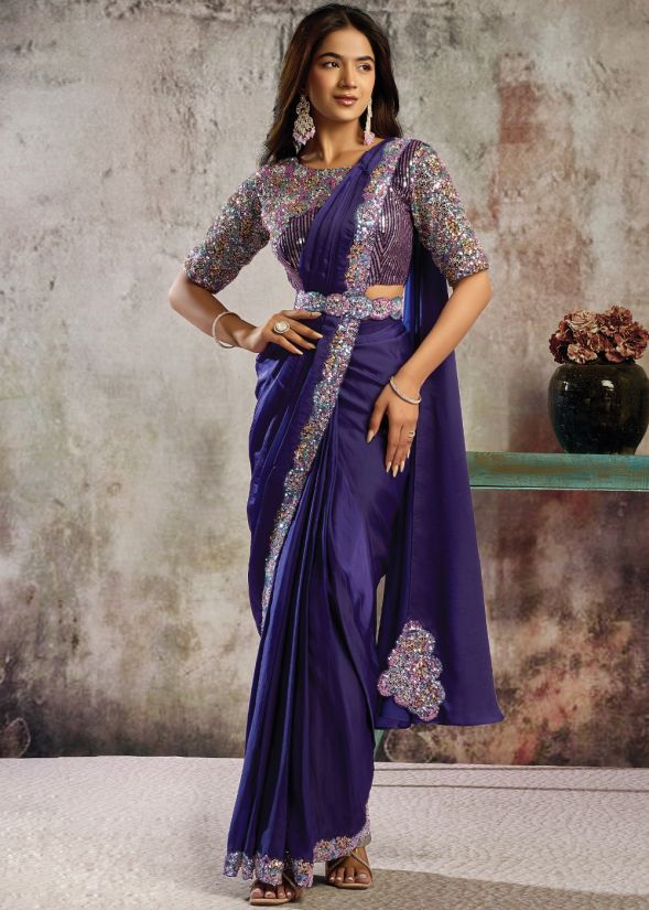BEAUTIFUL PURPLE SATIN PRE-STITCHED SAREE WITH BEADS WORK