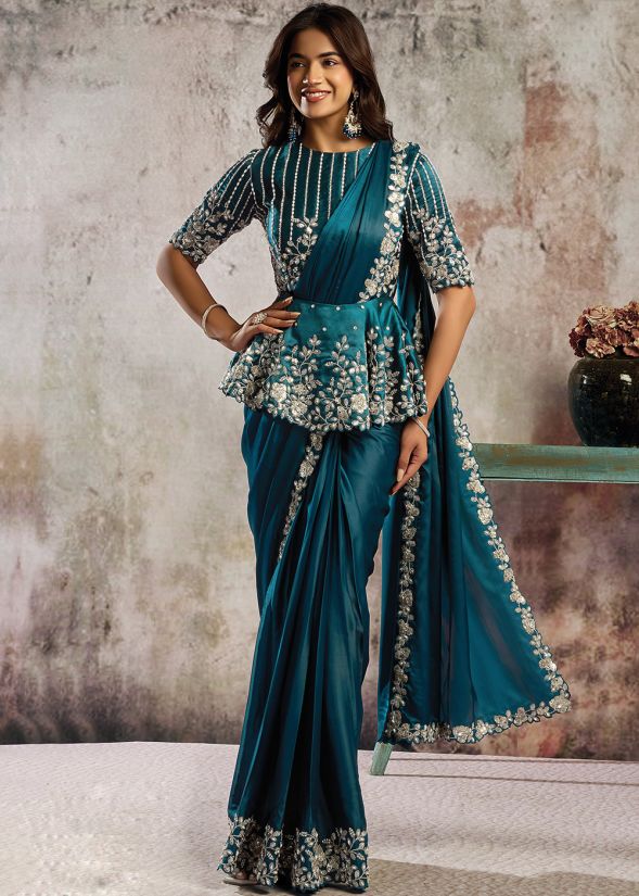 OUTSTANDING TEAL BLUE PRE-STITCHED SAREE WITH PEPLUM BLOUSE